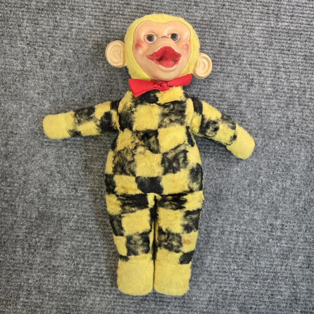 Vintage Yellow & Black Plush Monkey Doll Rubber Face Red Bow Tie 18